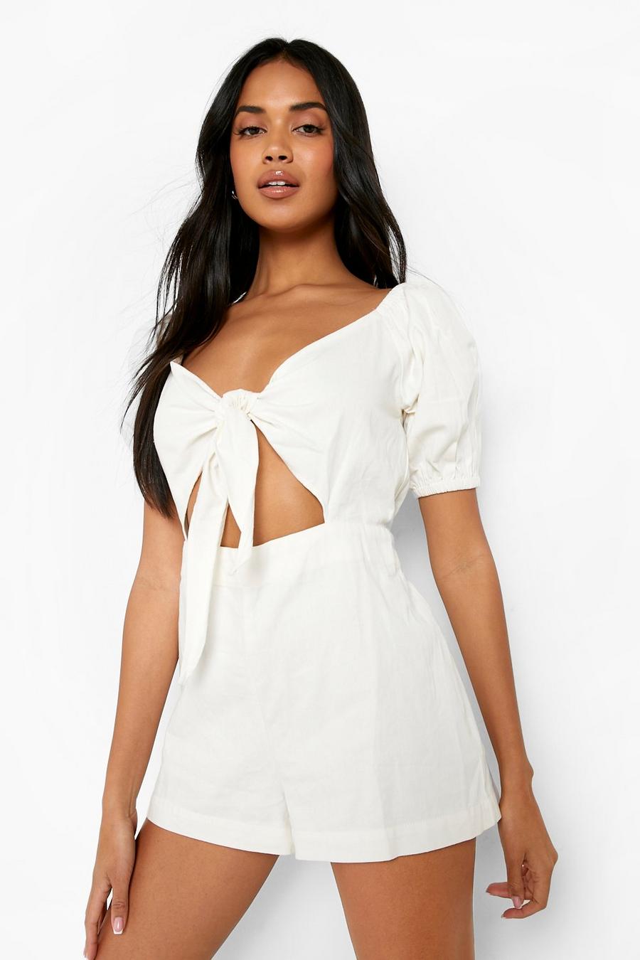 Ecru bianco Tie Front Cut Out Twill Playsuit
