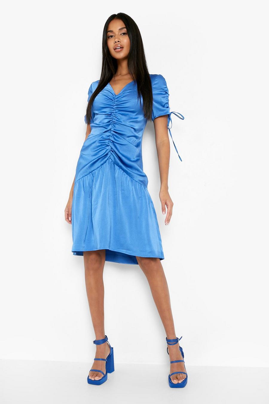 Cobalt blue Hammered Satin Ruched Front Midi Dress