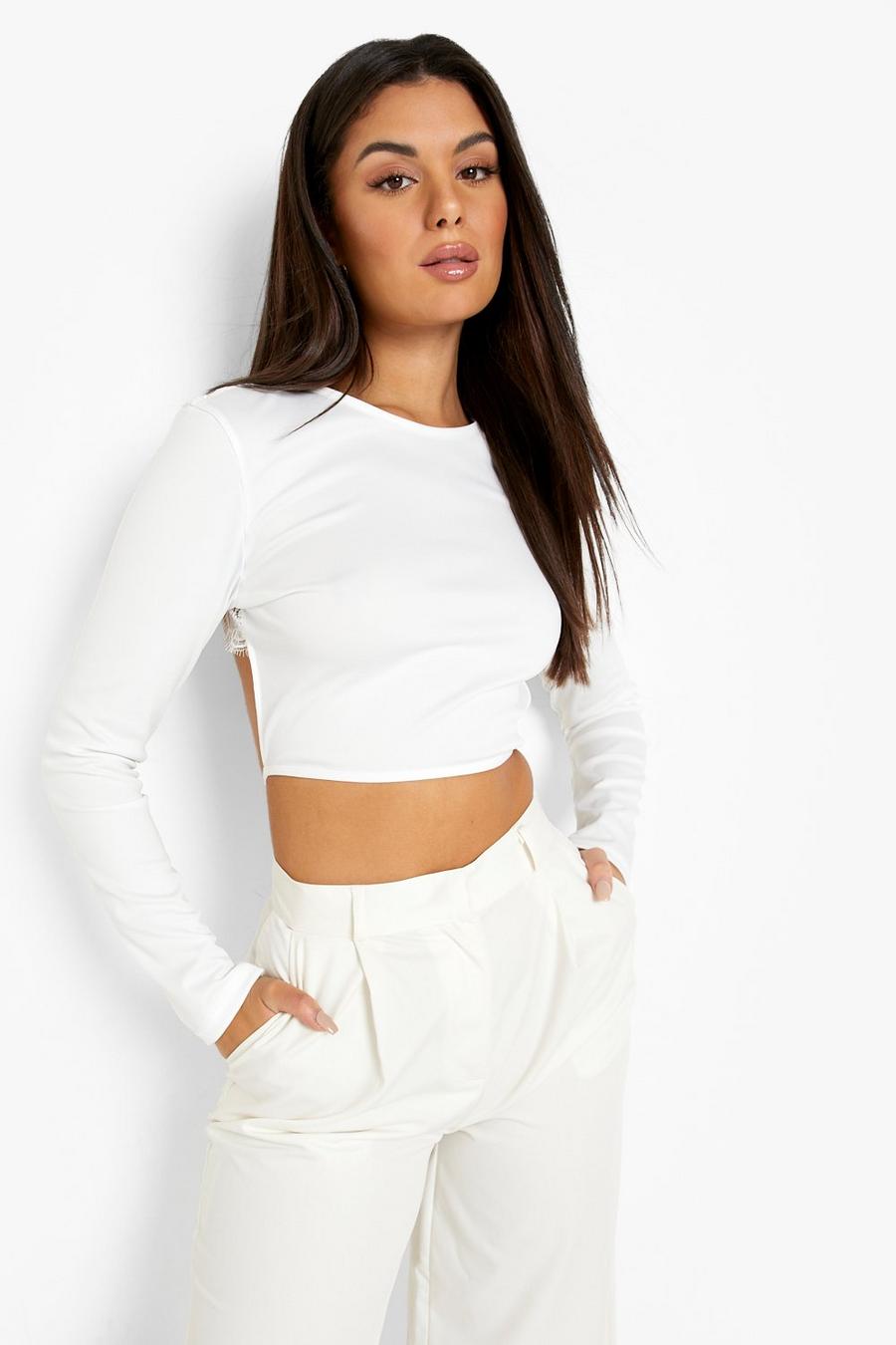 White blanc Lace Backless Long Sleeve Bodysuit 