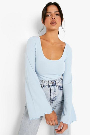 Blue Ribbed Scallop Flare Sleeve Bodysuit