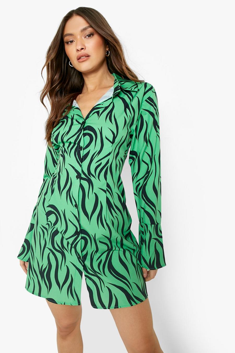 ירוק בוהק green שמלת חולצה עם הדפס זברה ושרוולים מתרחבים