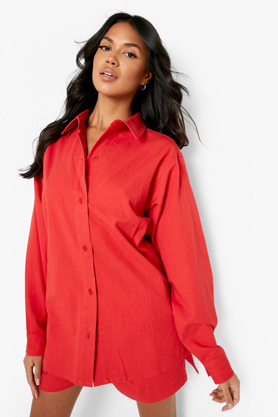 Red Button Down Twill Overshirt