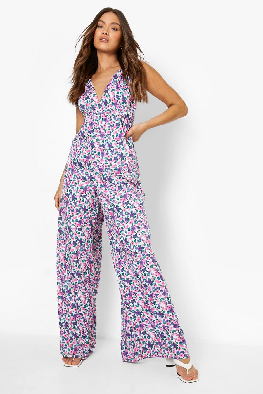 White Floral Strappy Wide Leg Jumpsuit image number 1