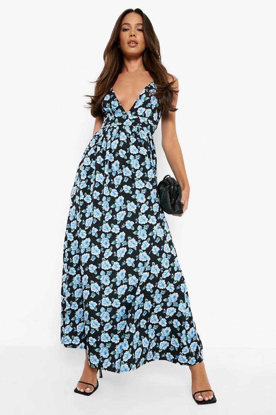 Blue Floral Strappy Plunge Maxi Dress