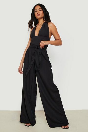 Black Linen Belted Wide Leg Trouser