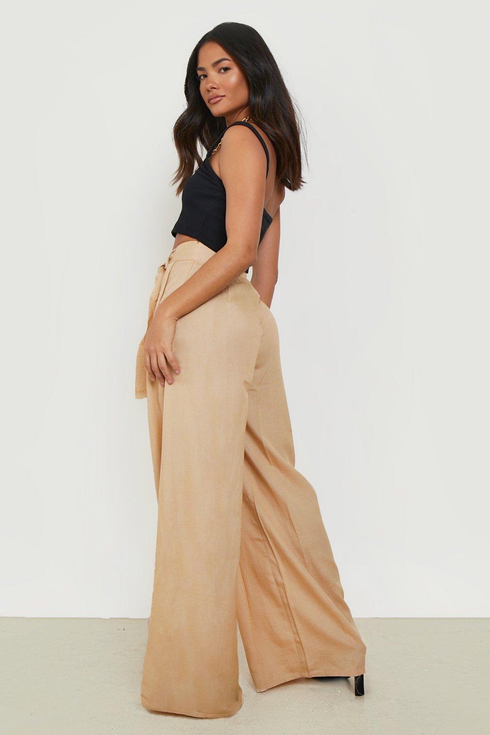 boohoo Plus Button High Waisted Wide Leg Pants - Beige - Size 22