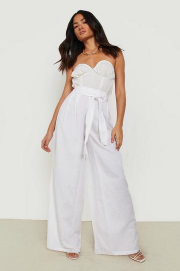Linen Belted Wide Leg Pants white
