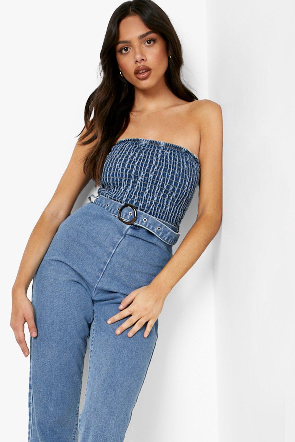 Voorschrijven Verzorgen Berg Shirred Bandeau Belted Denim Jumpsuit | boohoo