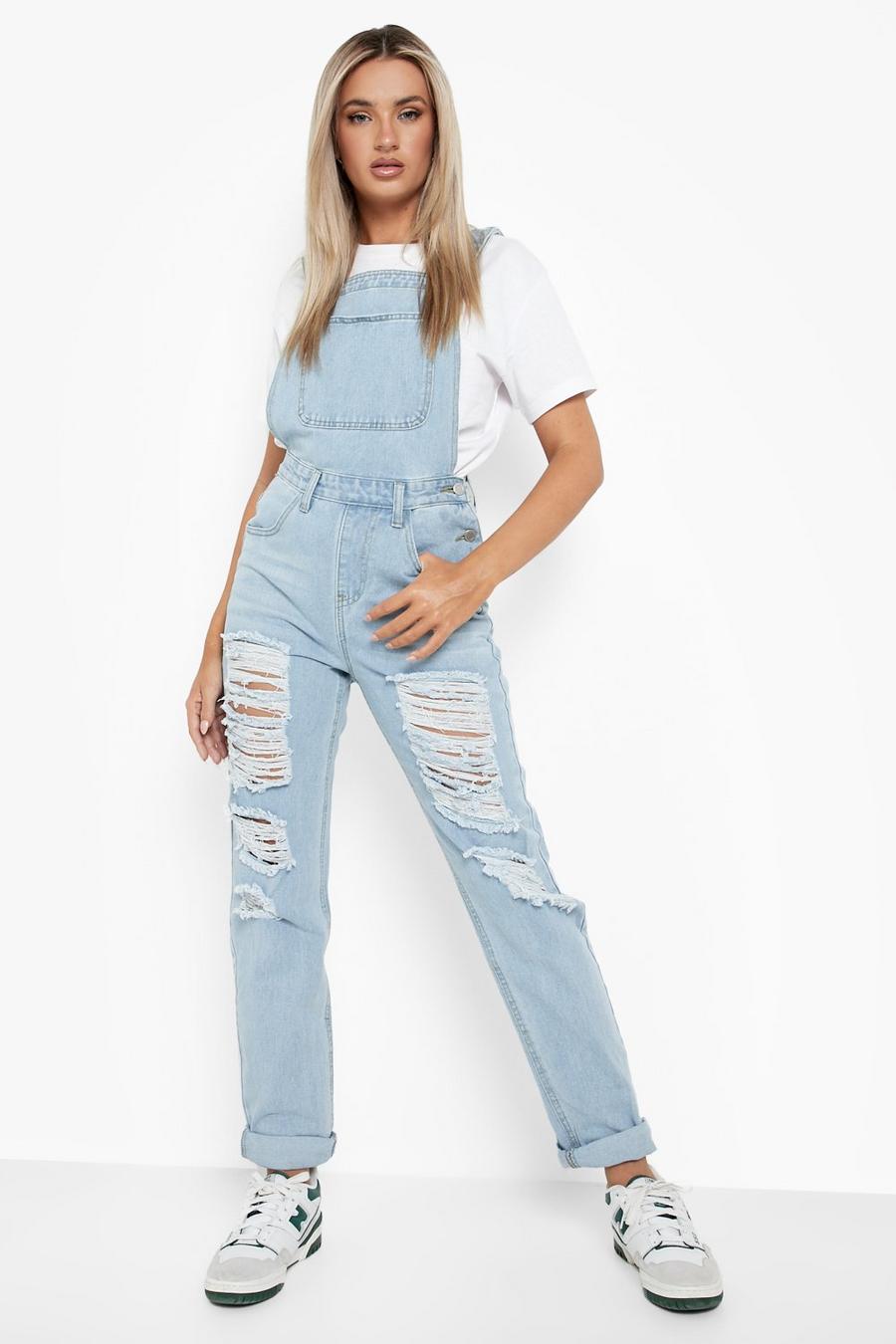 Light wash blue Extreme Distressed Slim Fit Overalls
