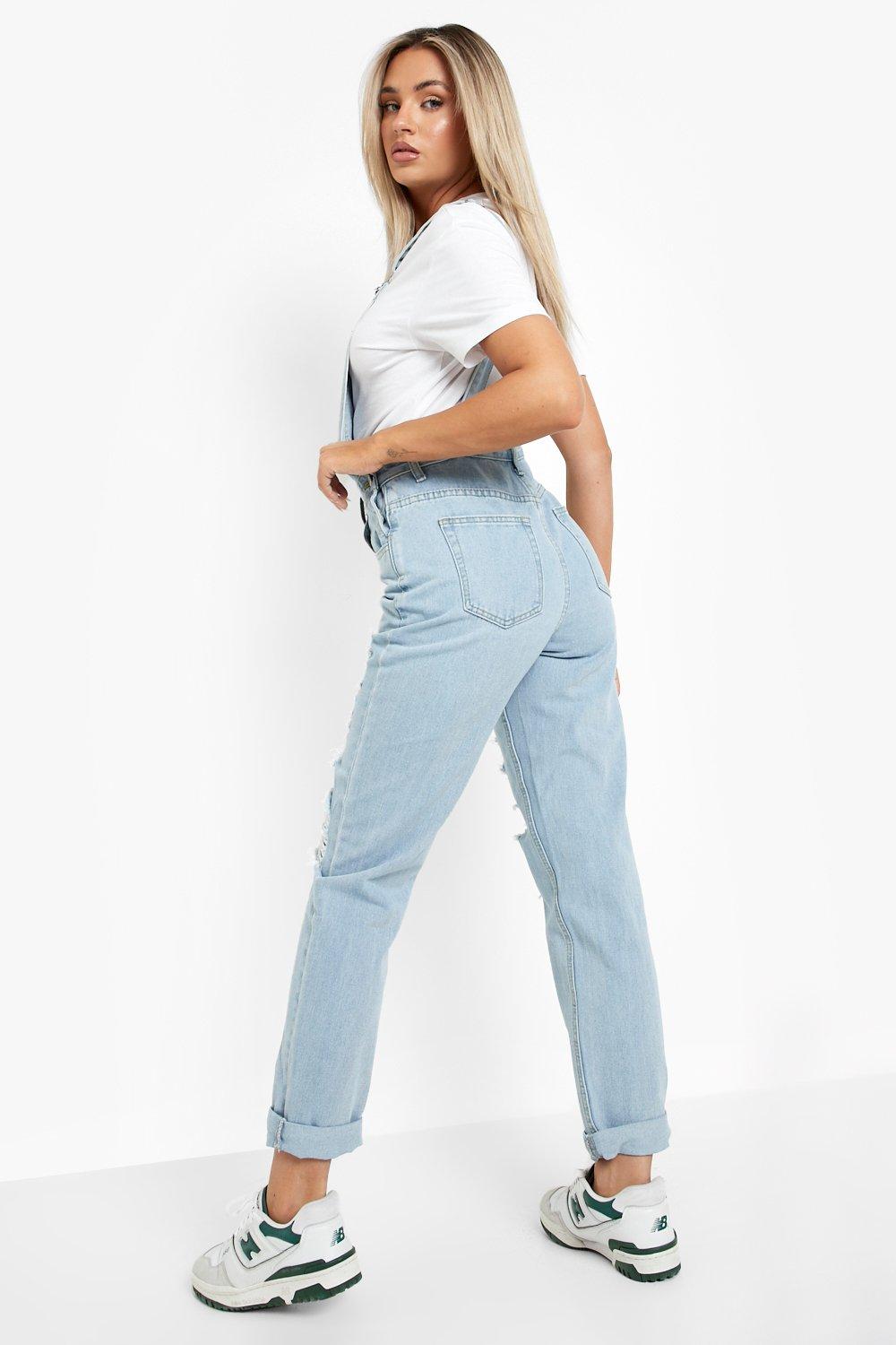 Blue Womens Jumpsuits and rompers Boohoo Jumpsuits and rompers Boohoo Denim Extreme Distressed Slim Fit Overalls in Light Wash 