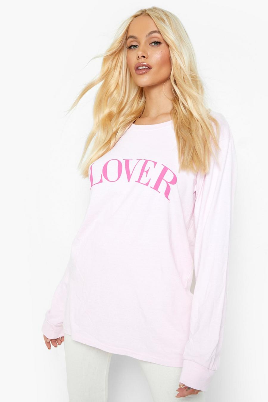 T-shirt a maniche lunghe con scritta Lover, Baby pink rosa