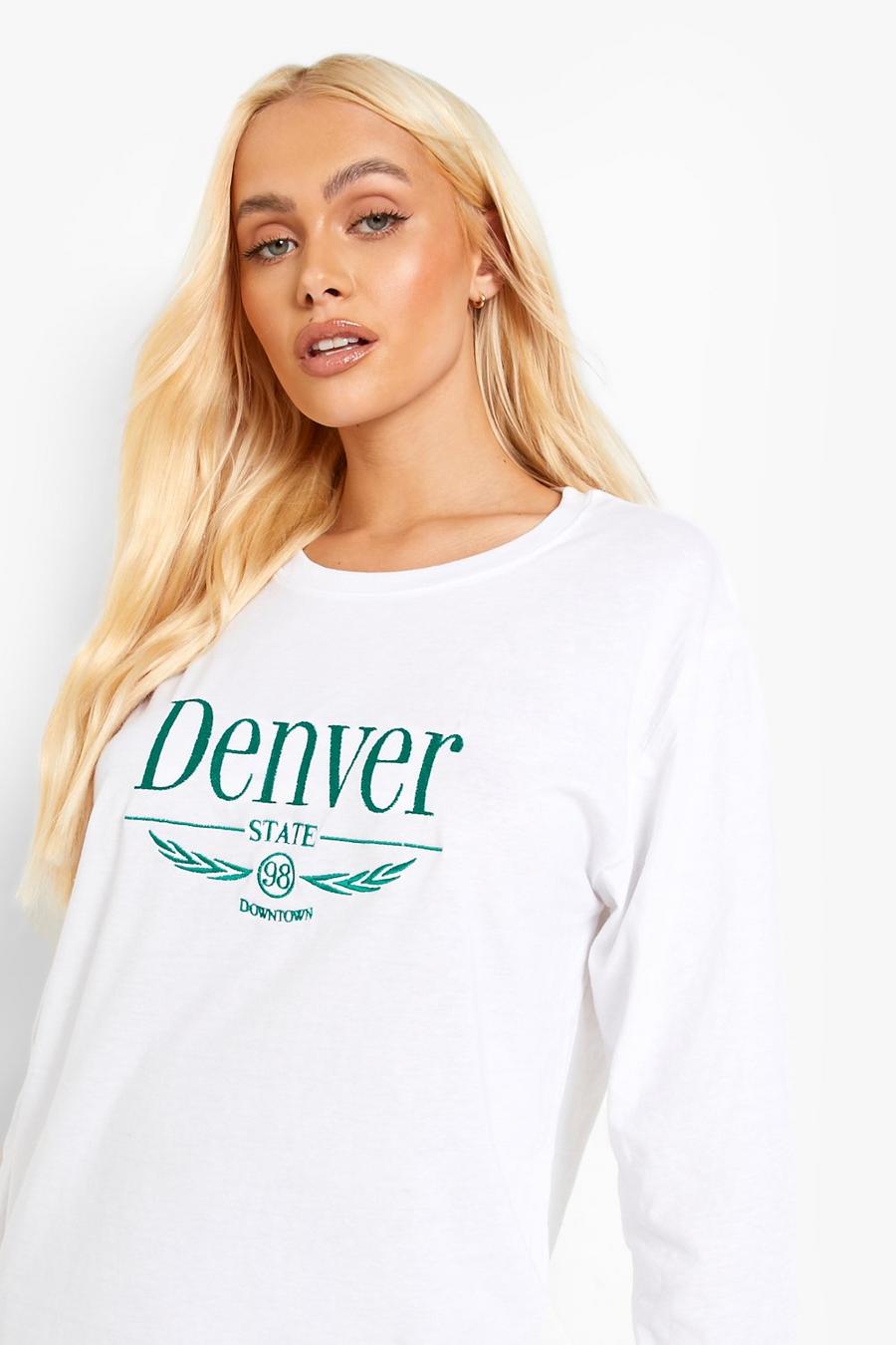 White Denver Long Sleeve Embroidery T-shirt  image number 1