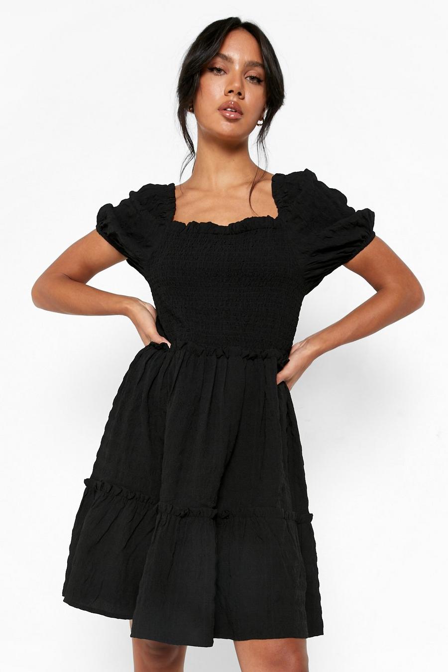 Black Textured Puff Sleeve Tiered Smock Dress image number 1