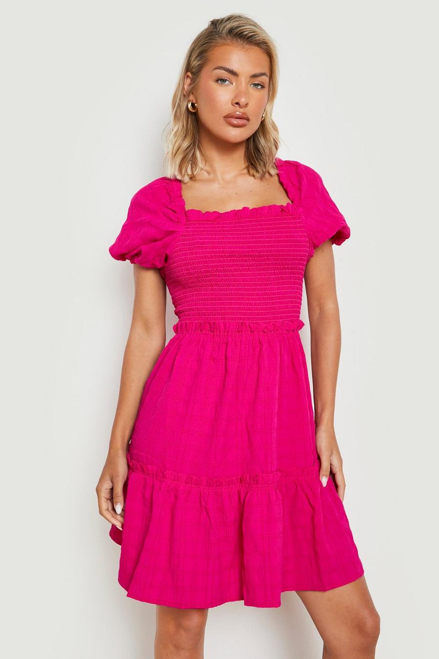 Fuchsia Textured Puff Sleeve Tiered Smock Dress image number 1
