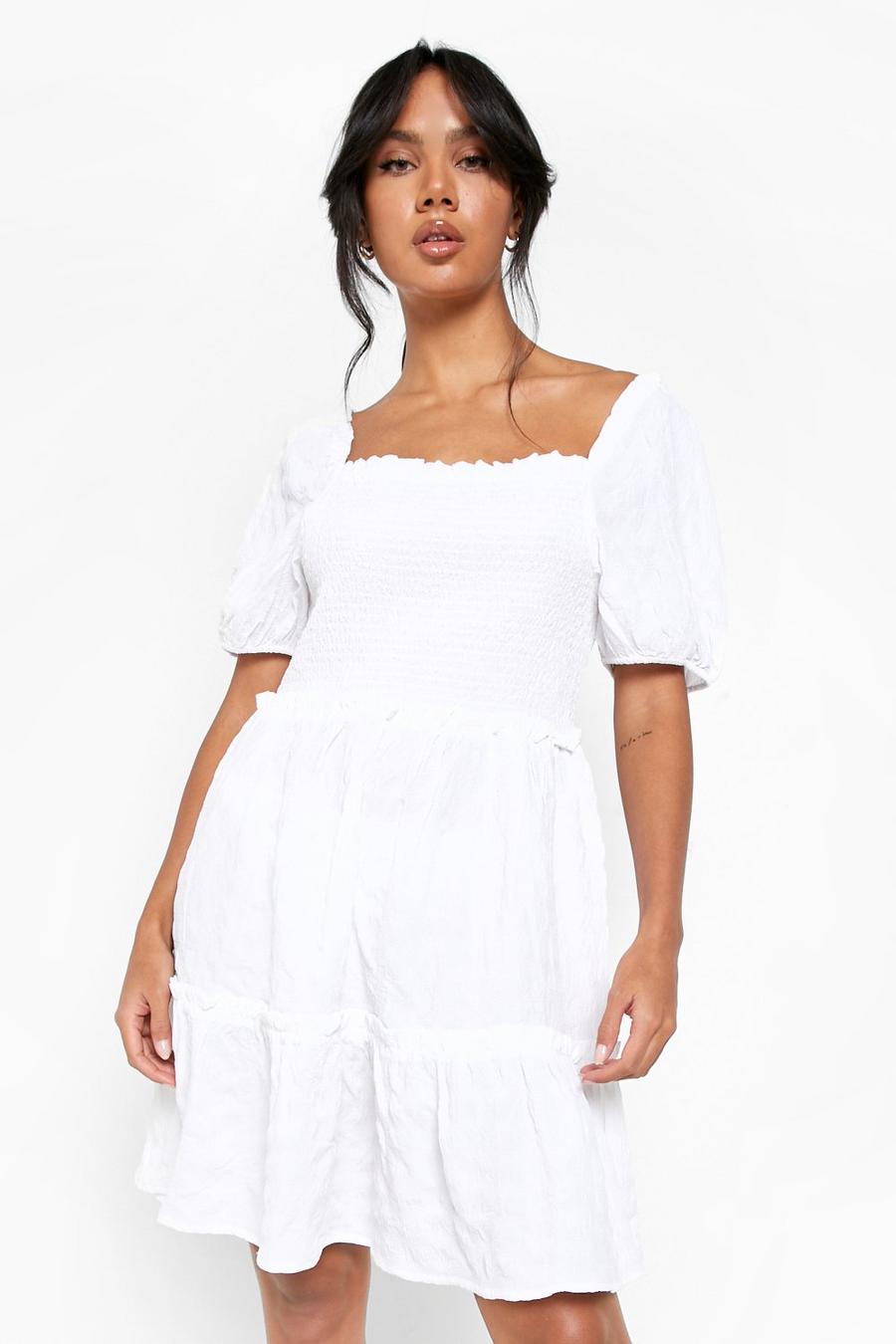 White Textured Puff Sleeve Tiered Smock Dress