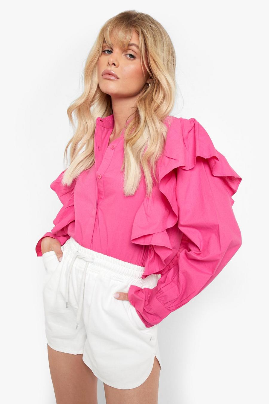 Bright pink Frill Shoulder Boxy Shirt image number 1