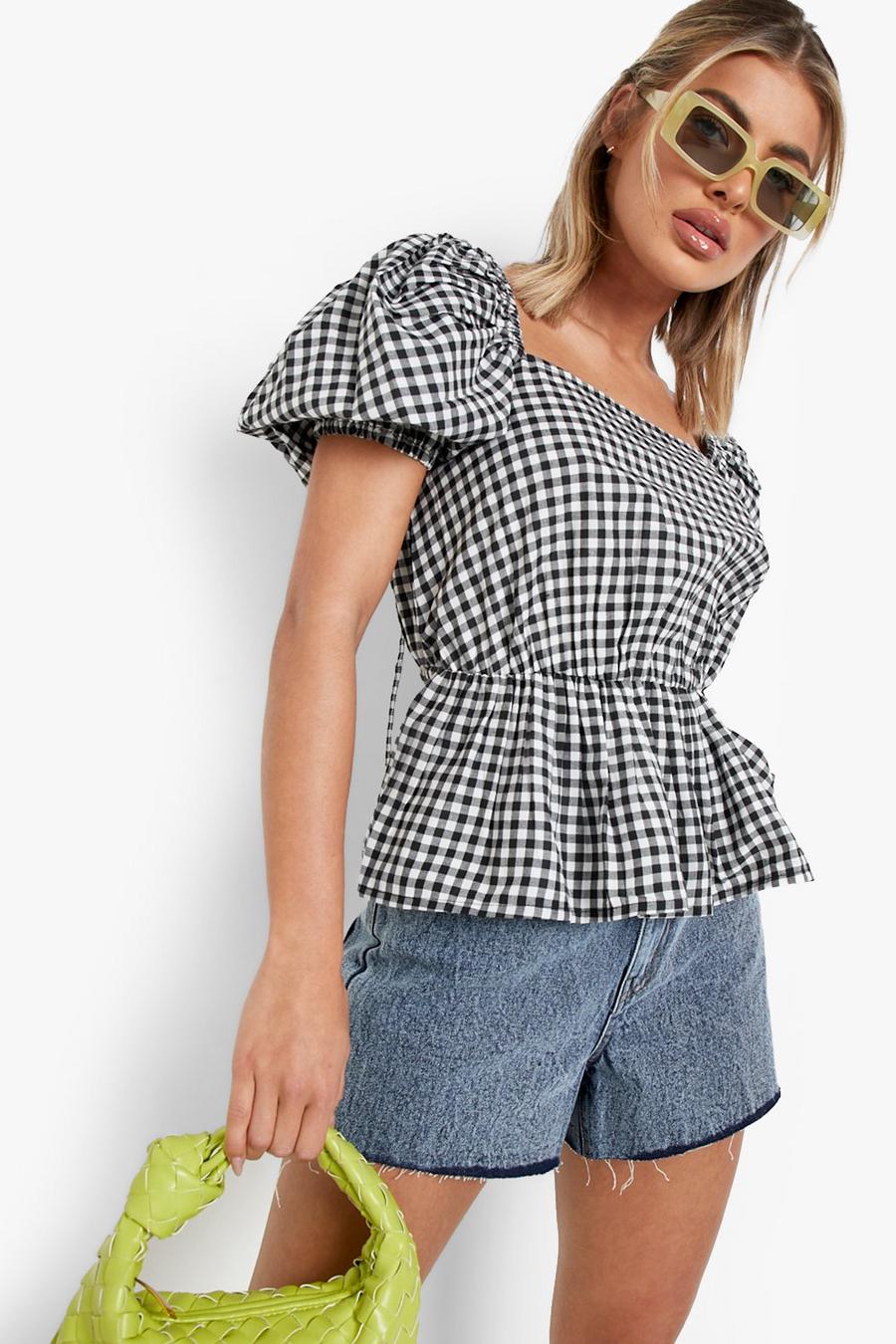 Black Gingham Puff Sleeve Lace Up Smock Top image number 1