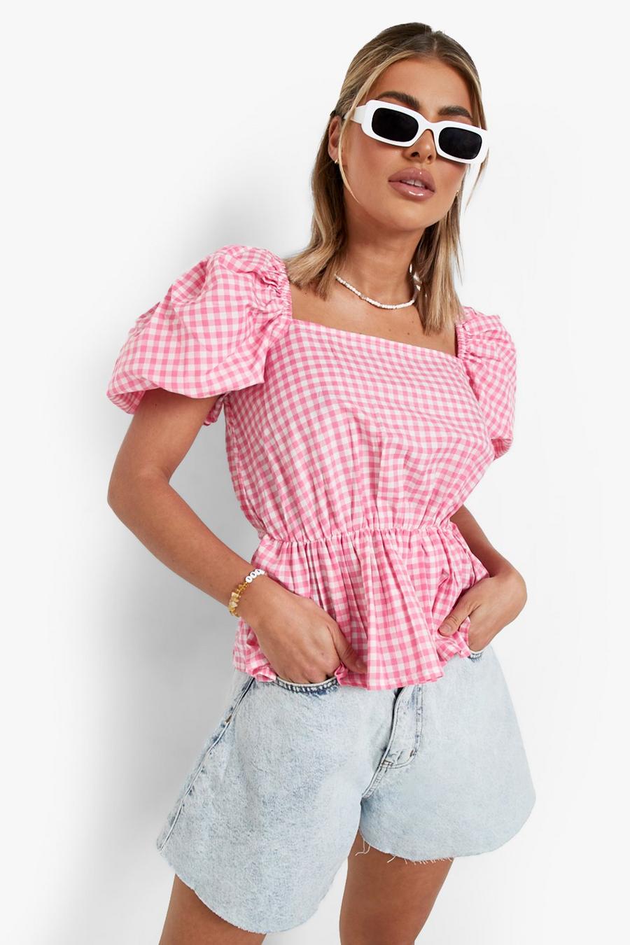 Pink Gingham Puff Sleeve Lace Up Smock Top image number 1