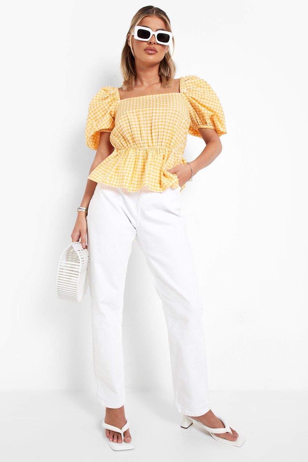Gingham Puff Sleeve Lace Up Smock Top | boohoo