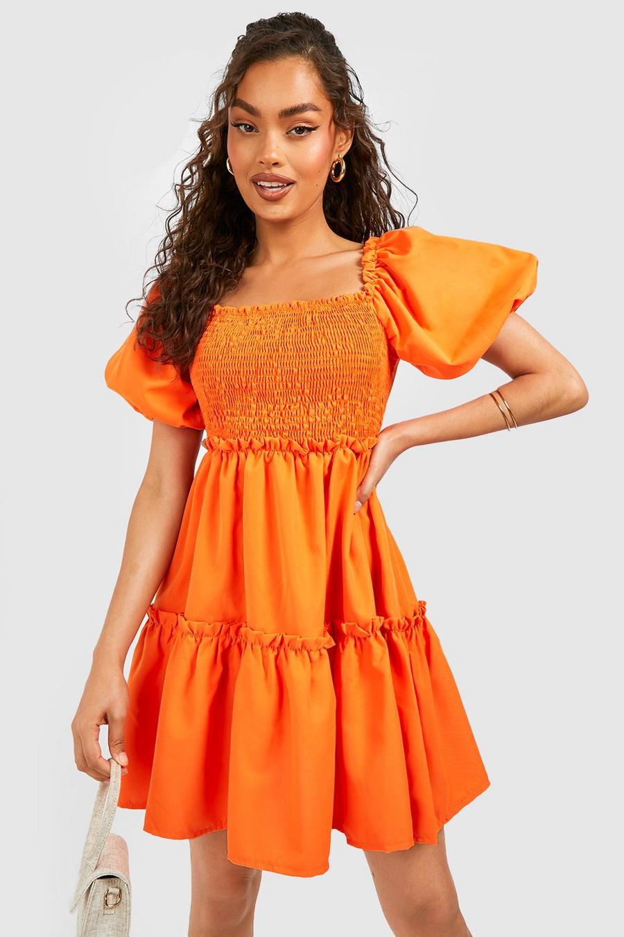 Orange Puff Sleeve Shirred Tiered Smock Dress image number 1