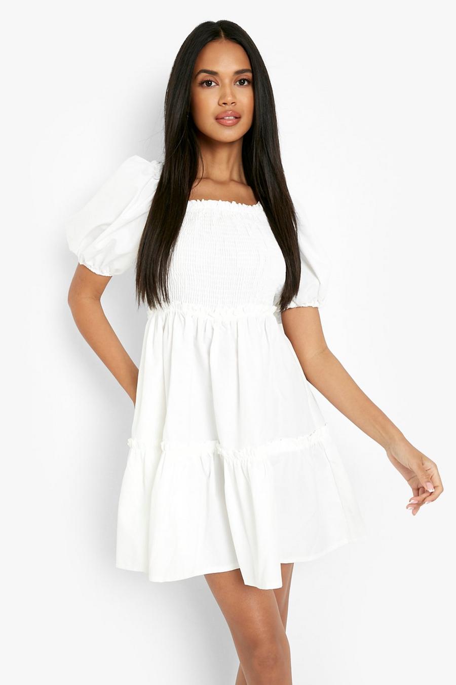 White Puff Sleeve Shirred Tiered Smock Dress image number 1