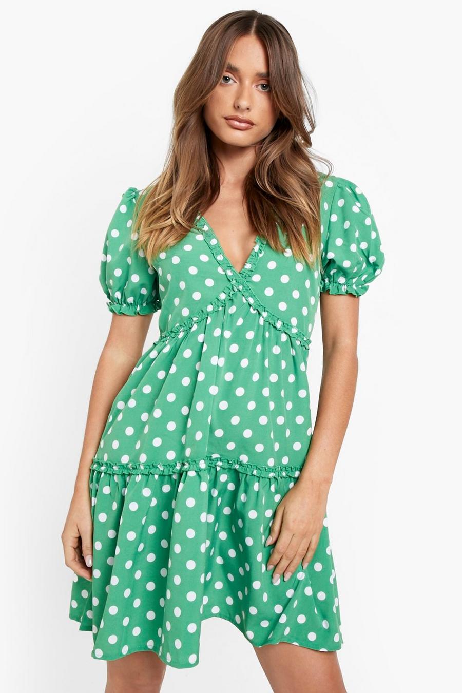 Apple green V Neck Ruffle Smock Dress Polka Dot Print image number 1
