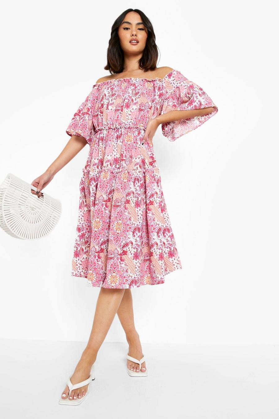 Pink Off The Shoulder Floaty Midi Dress Paisley Print image number 1