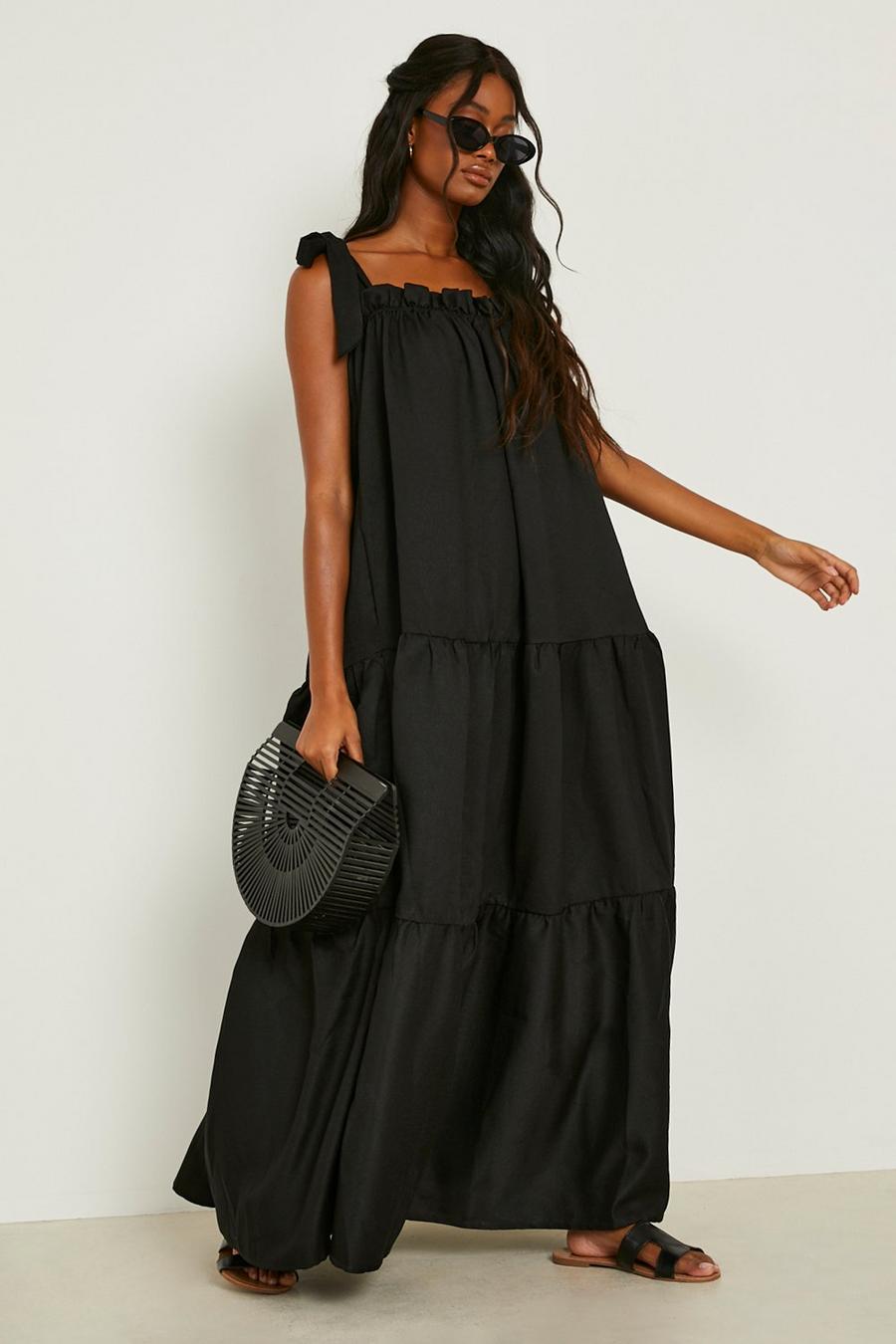 Black Tie Strap Square Neck Tiered Maxi Dress image number 1