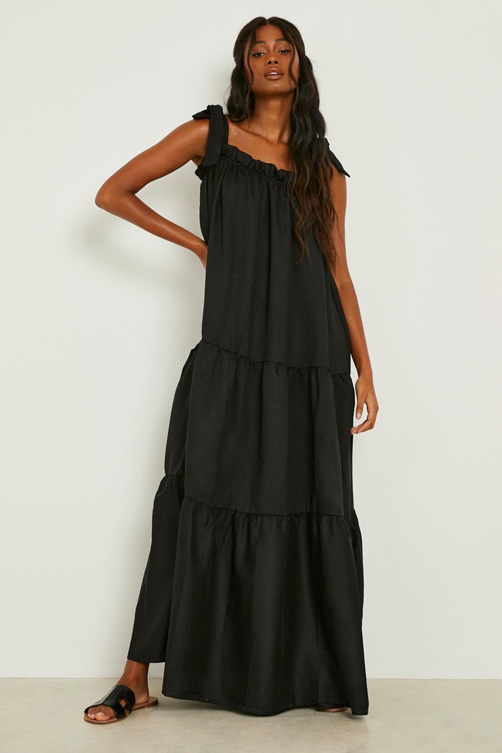 Women's Tie Strap Square Neck Tiered Maxi Dress