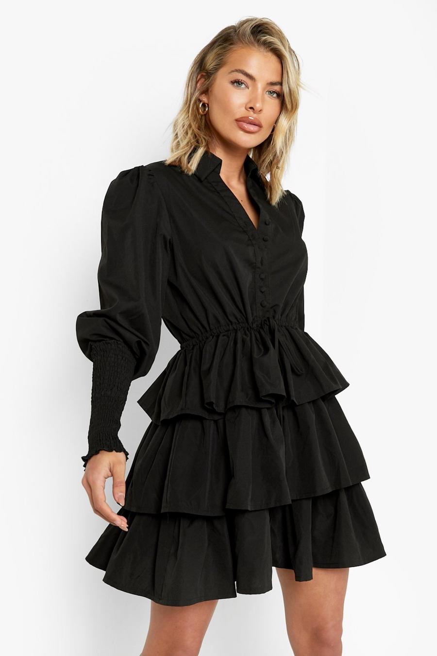 Black Layered Frill Puff Sleeve Shirt Dress image number 1