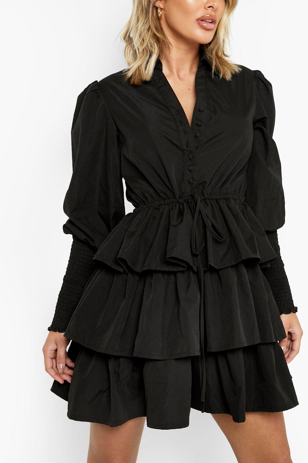 Layered Frill Puff Sleeve Shirt Dress boohoo