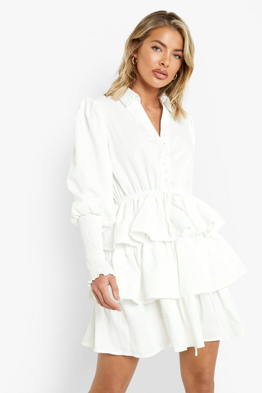 White Layered Frill Puff Sleeve Shirt Dress