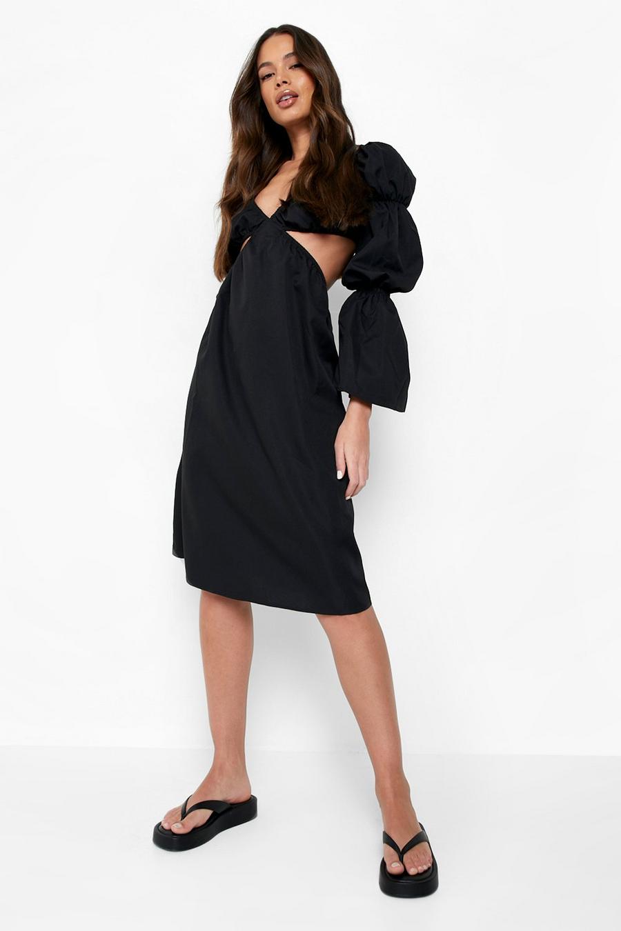 Black Puff Sleeve Bardot Cut Out Midi Dress image number 1