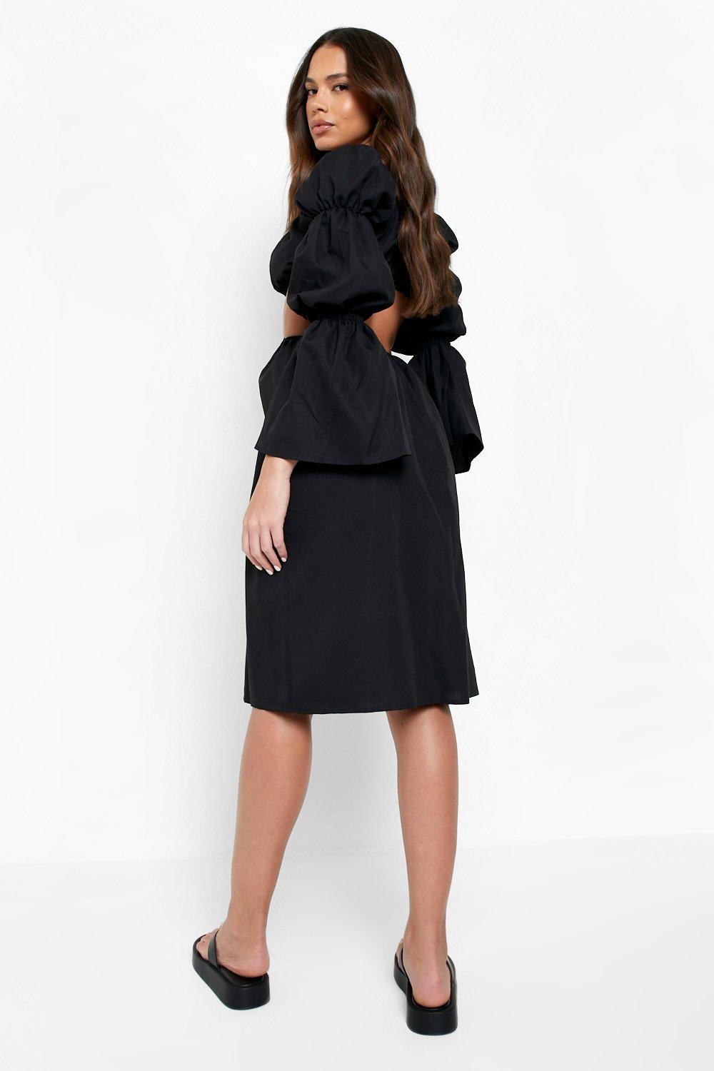 black puff sleeve bardot dress