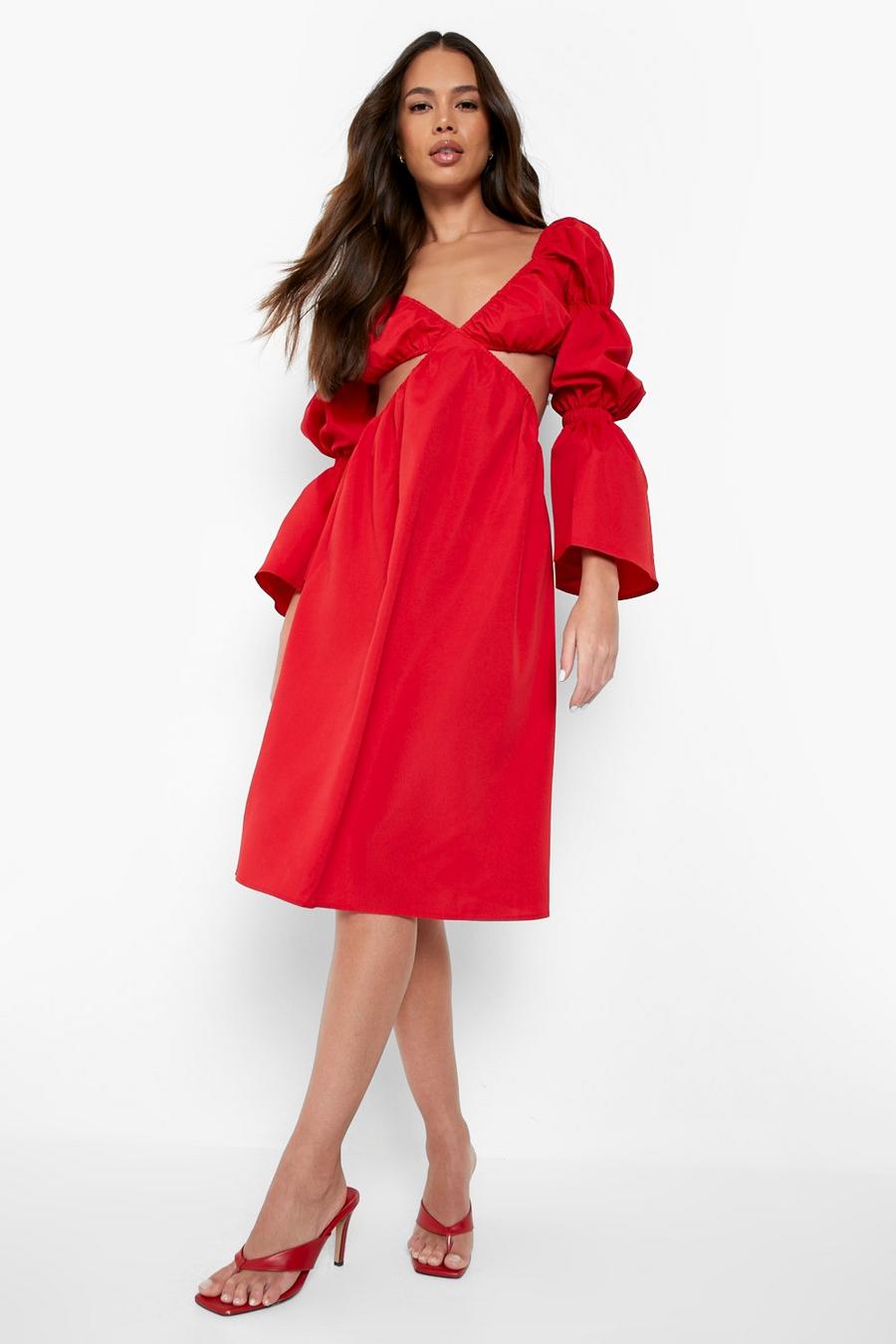 Red Puff Sleeve Bardot Cut Out Midi Dress
