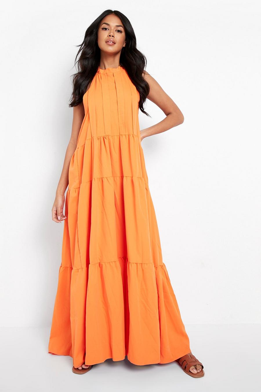Orange Low Back Halterneck Tiered Maxi Dress