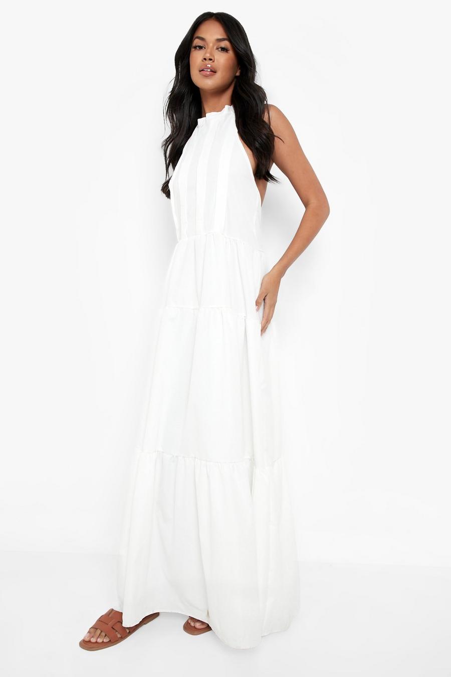 לבן שמלת מקסי מדורגת עם צווארון קולר ומחשוף גב נמוך image number 1