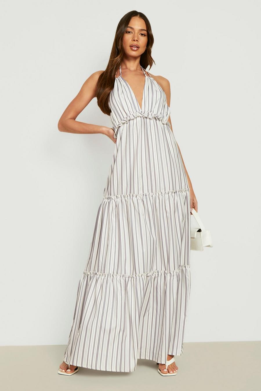 Stone Stripe Strappy Halter Tiered Maxi Dress image number 1