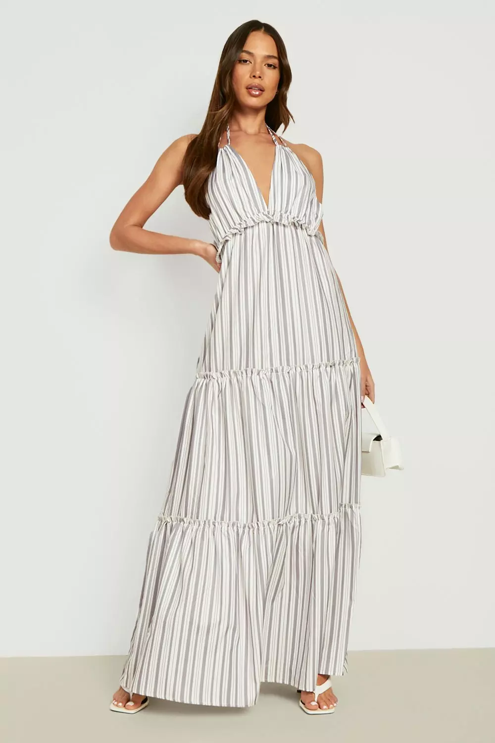 パーティードレス Silk Striped Halter Neck Grown Silk Mix Tie Halter Neck Maxi Jumpsuit (3 Colours) – No