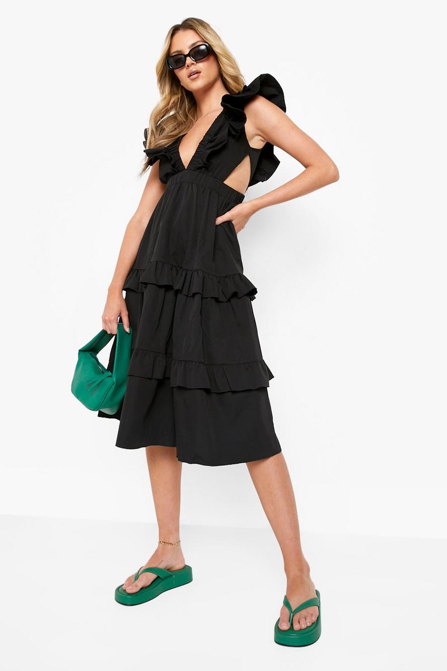 Black Ruffle Front Plunge Tiered Midi Dress image number 1