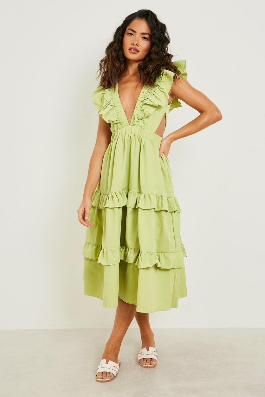 Lime Ruffle Front Plunge Tiered Midi Dress image number 1