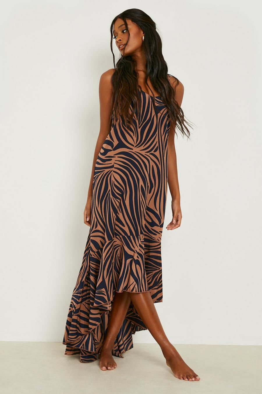 Tan brown Zebra Strappy Drop Hem Maxi Dress