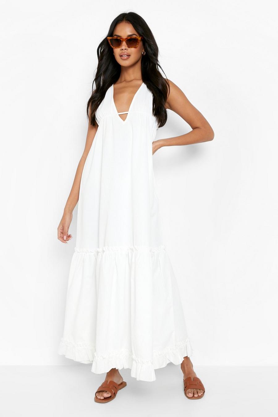 White blanc Plunge Strappy Frill Hem Maxi Dress