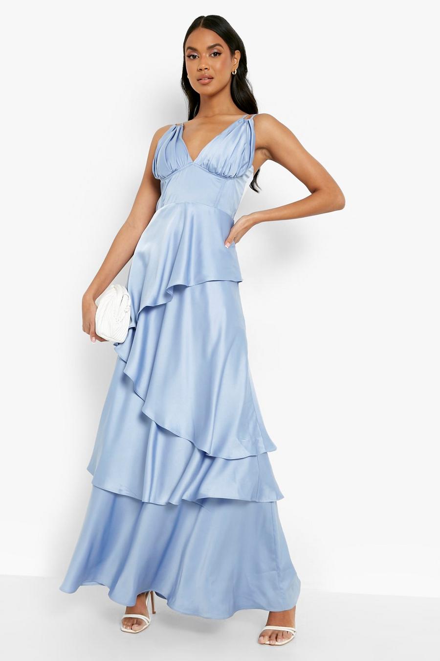 Light blue Gathered Cup Double Strap Tiered Maxi Dress image number 1