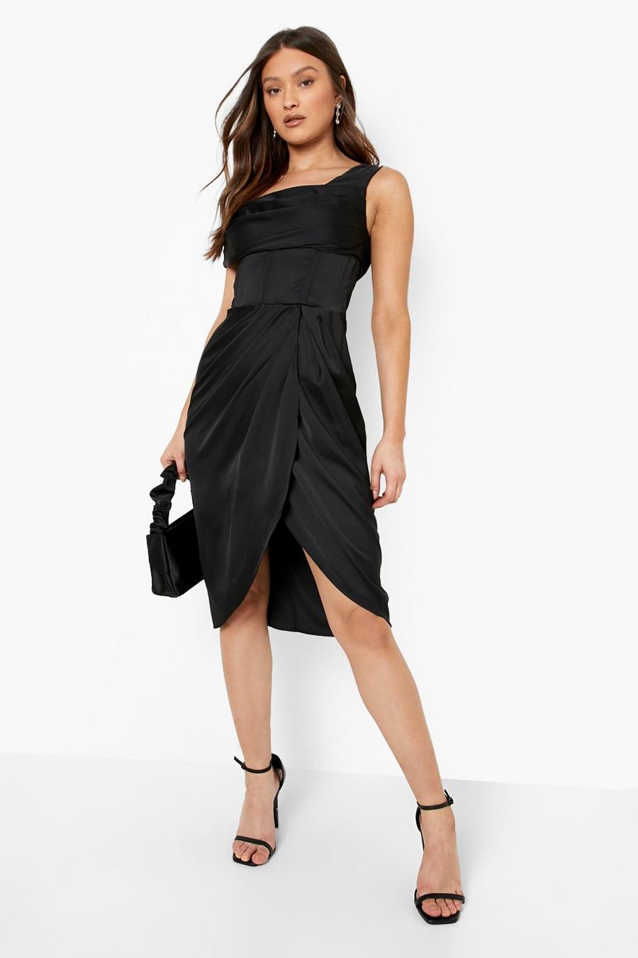 Black Satin Corset One Shoulder Wrap Midi Dress