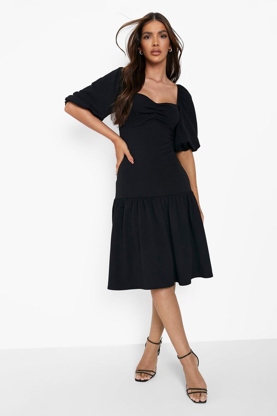 Black Puff Sleeve Ruched Tiered Midi Smock Dress image number 1