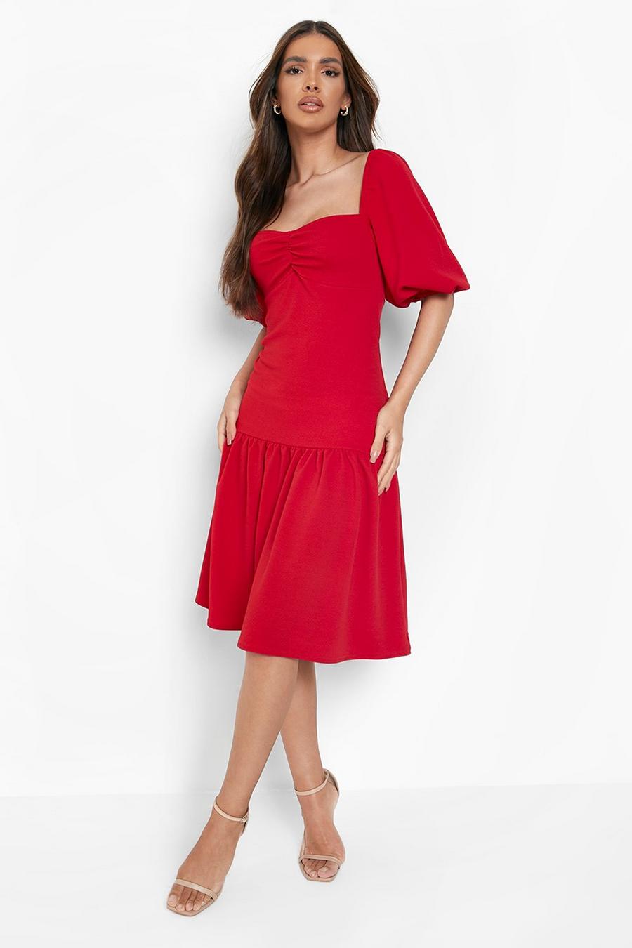 Red Puff Sleeve Ruched Tiered Midi Smock Dress image number 1