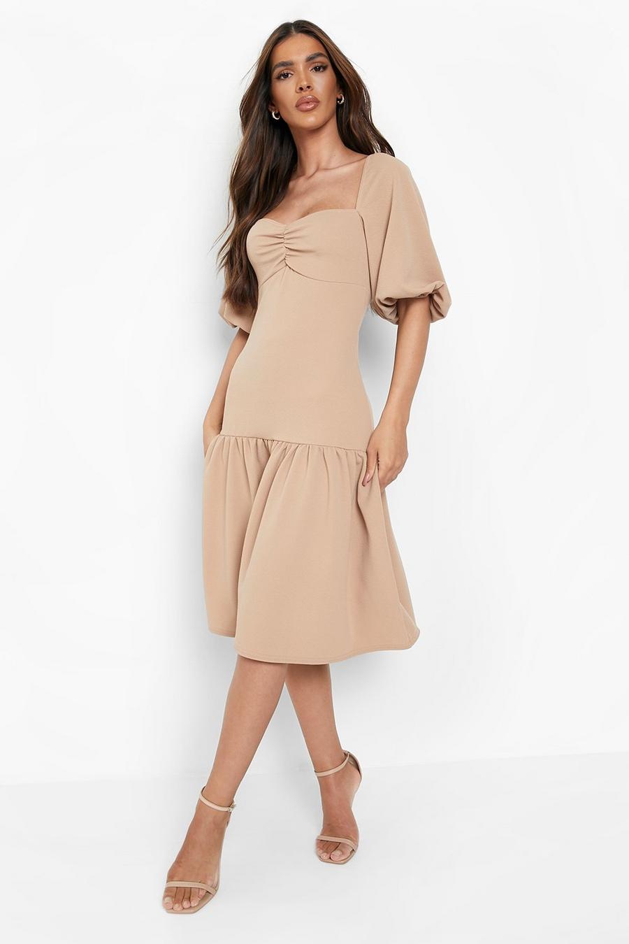 Stone beige Puff Sleeve Ruched Tiered Midi Smock Dress image number 1