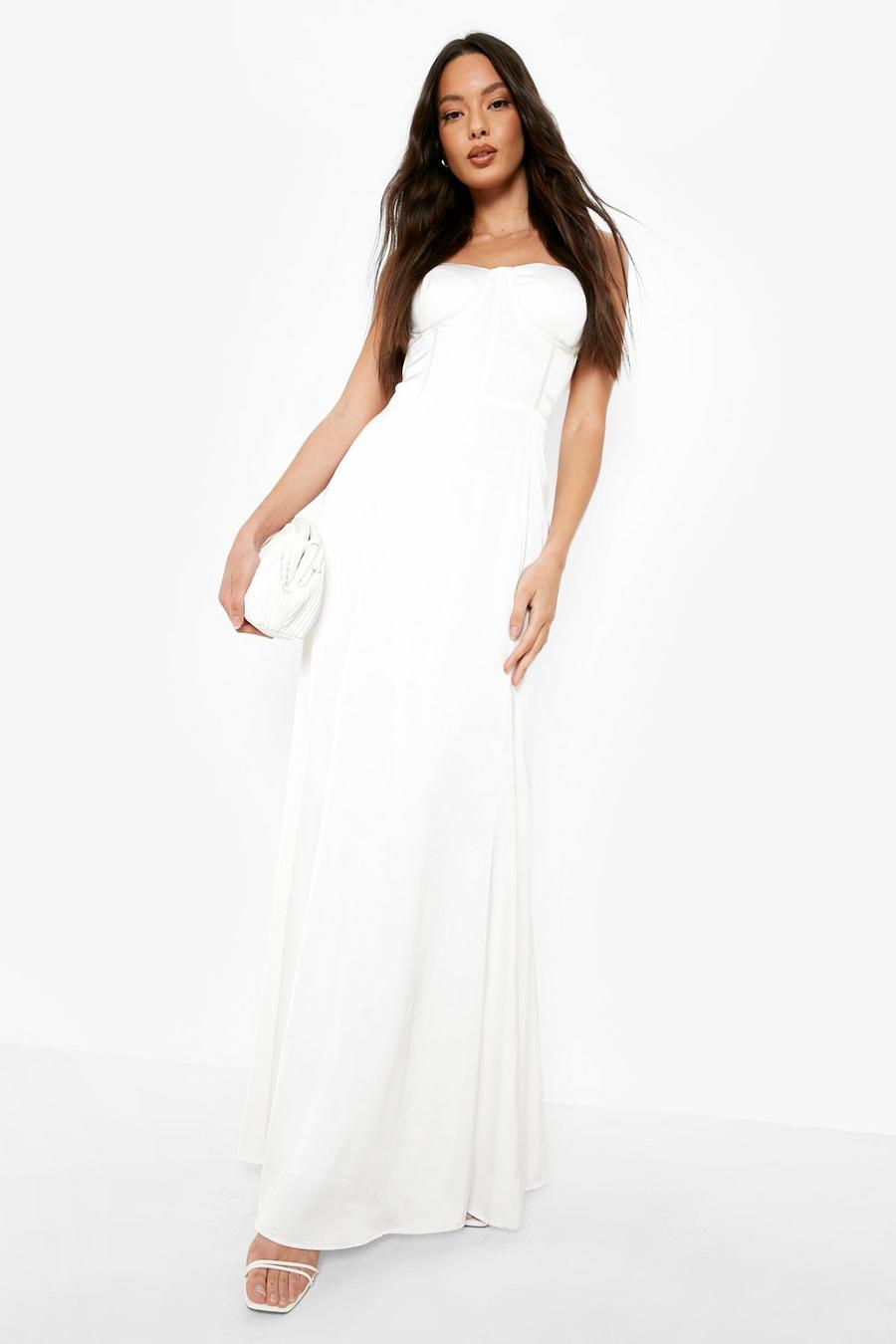 Ivory bianco שמלת סאטן מקסי עם סרט בגב