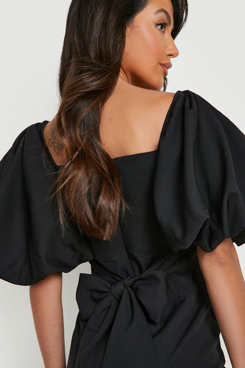 Satin Puff Sleeve Bow Back Detail Midi ...